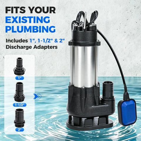 Real Deal Heavy Duty Submersible Sewage Pump With Rock Solid Stainless Steel Build Moving 2900 GPH with discharge adapters.