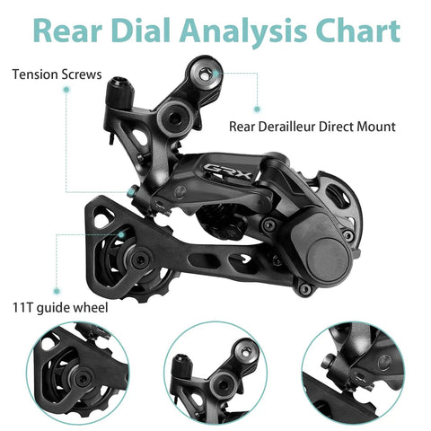 Rear Derailleur RD RX812 11 Speed For Gravel Road Bikes With Direct Mount chart showing tension screws and 11T guide wheel