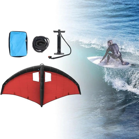 Inflatable Surf Wing For Wing Foil And Kitesurfing with pump, rope, and bag on ocean wave backdrop