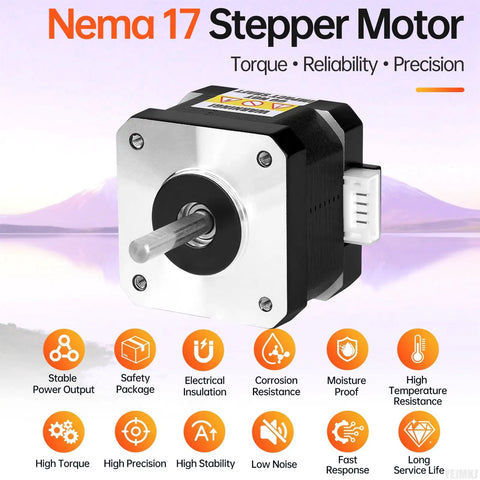 Nema 17 Stepper Motor with torque, reliability, and precision features, ideal for 3D printers and CNC machines, showcasing product attributes.