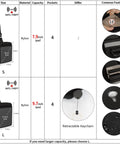 Comparison chart of Sling Bag With RFID Blocking, Ultra Lightweight Travel Chest Pack, showing sizes S and L, features, and materials.
