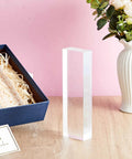 Clear Acrylic Display Blocks Set With 4 Blank Name Plates for weddings, photoshoots, 2.5 x 8 x 1.125 inches, on table