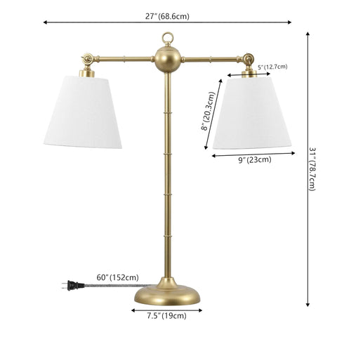 Gold 31 Inch Two Light Contemporary Farmhouse Iron Table Lamp With Adjustable Arm And White Linen Shades, dimensions shown