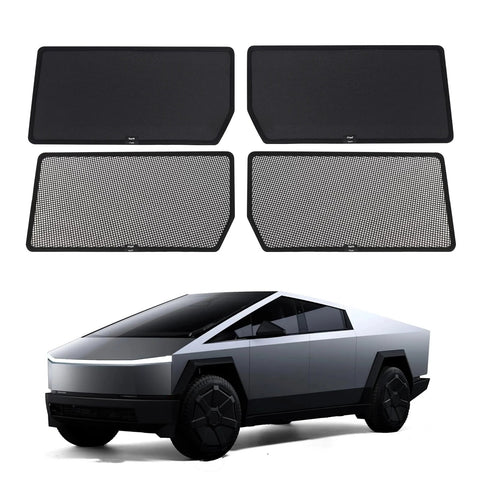 Tesla Cybertruck 2025 roof sunshade set; four panels (two solid black, two mesh) heat-insulating interior accessory