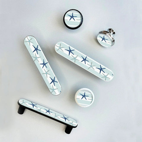 Blue Starfish Cabinet Pulls 4 Pack Center To Center Three Quarter Inch Silver Nautical Drawer Handles with 3D Starfish Design