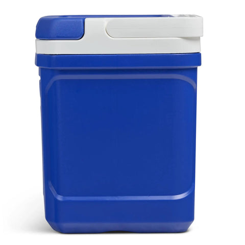 Heavy Duty Hardside Lunch Cooler 12 To 16 Qt Blue Profile With Cool Riser Technology showing fold flat bail handle side view