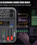 6 Channel USB Audio Interface DJ Mixer With Bluetooth MP3 Playback And 48V Phantom Power beside laptop in studio setup