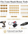Top Shelf Brass Wire Brush Kit For Knocking Out Rust And Buffing To Perfection With Three Mm Shank That Clicks Straight Into Your Drill Or Rotary Tool 60 Piece Crate displaying cup, wheel, and pen brushes with 3 mm shank compatibility.
