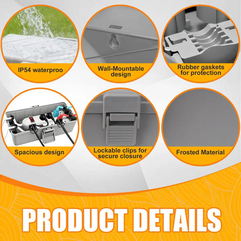 Medium Grey Weatherproof Outdoor Electrical Box IP54 Waterproof Extension Cord Cover with wall-mount design and rubber gaskets.