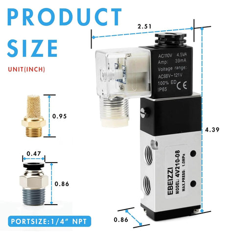 Diagram of 5 Port 2 Position Pneumatic Solenoid Valve Pilot Operated 5/2 Valve With Dual-Voltage DC12V/DC24V/AC110V Supply 1/4 Inch NPT