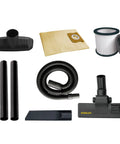 Attachments for Powerful 5.5 HP Wet Dry Vacuum with 10 Gallon Stainless Steel Tank, including hose, filter, and nozzles.