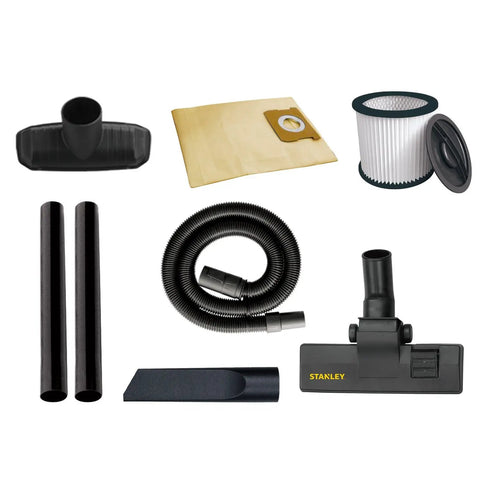 Attachments for Powerful 5.5 HP Wet Dry Vacuum with 10 Gallon Stainless Steel Tank, including hose, filter, and nozzles.