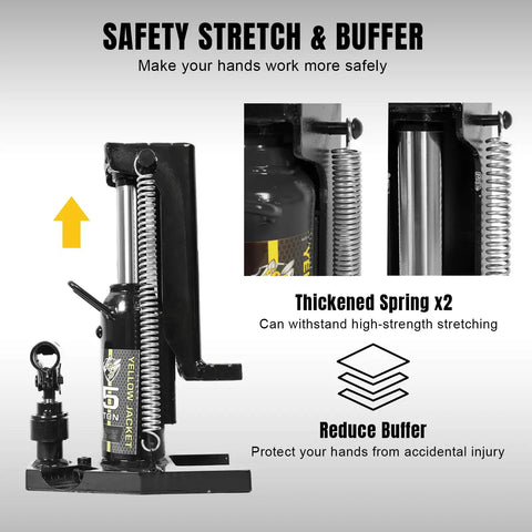 2-In-1 Toe Jack Lift With 5 Ton Top Saddle And 2.5 Ton Claw Low Profile Hydraulic Lift Jack showing safety features
