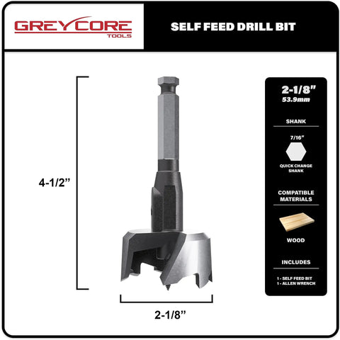 Pro Grade Self Feed Drill Bit With Single Cutter For Woodworking Two And One Eighth Inch Aggressive Screw Thread Shown With Measurements