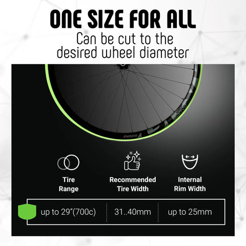 Air-Liner Gravel Insert For Tubeless-Ready Bike Tires image showing size chart up to 29 inches, recommended tire width 31-40mm.