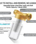 Upgraded Reusable Brass Water Filter For Home, RV, Camping And Washing Machines, 40 Micron Sediment Filter With High Flow Up To 15 GPM, Anti Scale Protector For Heaters And Other Appliances. Image shows pressure-resistant transparent lower shell and explosion-proof upper section.