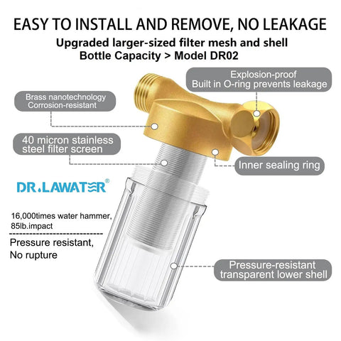 Upgraded Reusable Brass Water Filter For Home, RV, Camping And Washing Machines, 40 Micron Sediment Filter With High Flow Up To 15 GPM, Anti Scale Protector For Heaters And Other Appliances. Image shows pressure-resistant transparent lower shell and explosion-proof upper section.