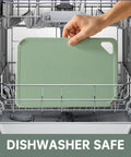 Green cutting board from set of 3 plastic cutting boards for kitchen BPA free non slip dishwasher safe in dishwasher.