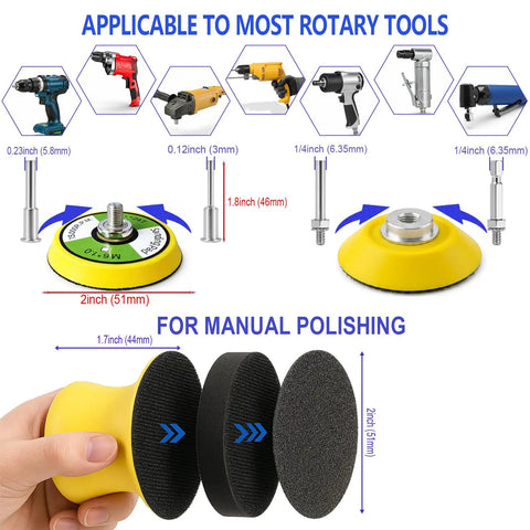 Boss Grade 137Pc 2 Inch Sanding Discs Kit showing 2-inch adapter, pads for rotary tools, and manual polishing setup.