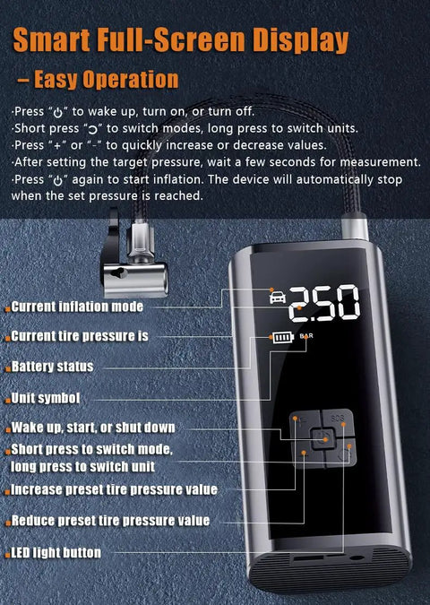 Smart full-screen display of Heavy Duty Portable Tire Inflator And Digital Air Compressor With 150 Psi Gauge Led Work Light For Cars Trucks Bikes Bouncy Balls No Sweat Smooth Ride Keeps Ya Rolling Smooth.