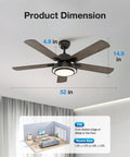 52 Inch Brushed Nickel Ceiling Fan With Remote Control And Dimmable LED Light shown with dimensions in living room