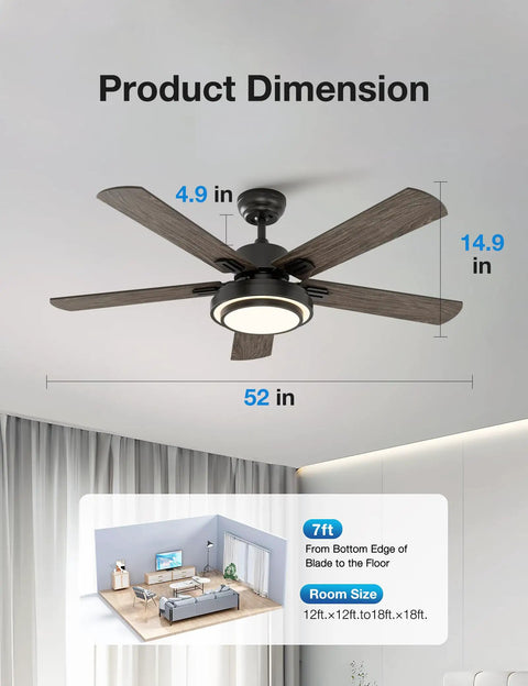 52 Inch Brushed Nickel Ceiling Fan With Remote Control And Dimmable LED Light shown with dimensions in living room