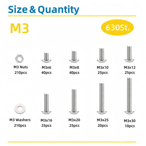 Size and quantity chart of M3 Screws Assortment Kit 630 Pieces Dope All In One Hardware Kit With 210 Nuts And 210 Washers