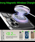 15W MagSafe Charger Magnetic Wireless Pad in use on iPhone with visual of strong magnetic charging, compatible with various cases