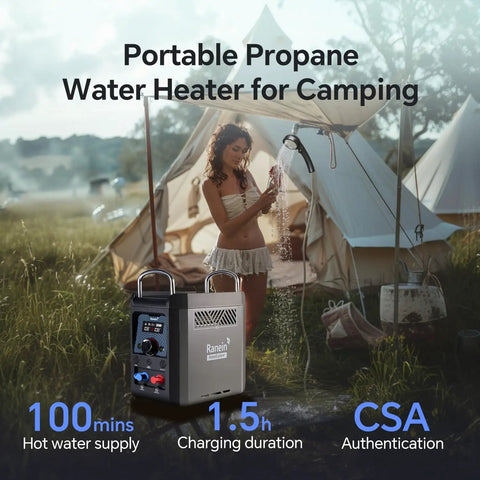 Go To Portable Propane Water Heater For Camping With On Demand Outdoor Hot Shower next to a tent in nature setting