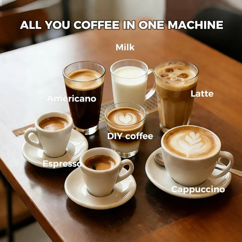 Zero Fuss Automatic Espresso Machine With Built In Grinder, 19 Bar Coffee Maker For That Daily Grind with assorted coffee drinks on table.
