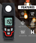 High Accuracy Handheld Light Meter With Lux And FC Switchable Units Measures 0.1 To 200000 Lux And 0.01 To 20000 FC LCD Backlit Display Ideal For Indoor Outdoor Film Photography And Lighting Setup, front view with backlit LCD and buttons