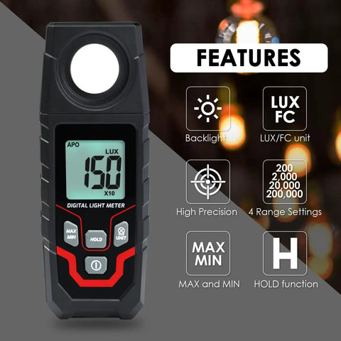 High Accuracy Handheld Light Meter With Lux And FC Switchable Units Measures 0.1 To 200000 Lux And 0.01 To 20000 FC LCD Backlit Display Ideal For Indoor Outdoor Film Photography And Lighting Setup, front view with backlit LCD and buttons