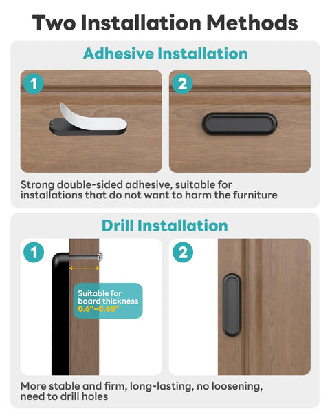 Two Pack Self Adhesive Drawer Pull Handles Four Inch Aluminum Alloy Push Pull Knobs for easy installation, shown with adhesive and drill methods.