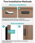 Two installation methods for Stick-On 4 Inch Aluminum Drawer Pulls, adhesive and drill, shown on wood cabinet and door.