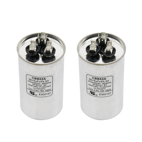 2 Pack Heavy Duty 50 Plus 5uF Capacitors With 6 Percent Tolerance, 50 Plus 5 MFD, 370 to 440 VAC CBB65 Dual Run Start Capacitors
