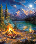 Mountain Campfire By Lake Cross Stitch Kit 11 Count Aida 12 By 16 Inches For Beginners featuring campfire by lake scene