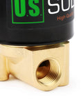 Close-up of Brass Electric Solenoid Valve 24VDC Normally Closed With Viton Seals, Quarter Inch Inlet, showing brass fitting.