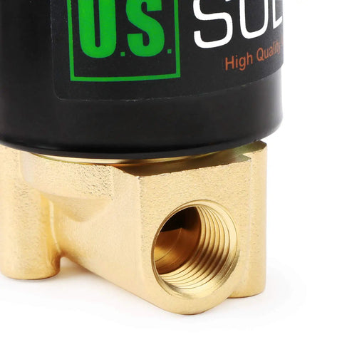 Close-up of Brass Electric Solenoid Valve 24VDC Normally Closed With Viton Seals, Quarter Inch Inlet, showing brass fitting.