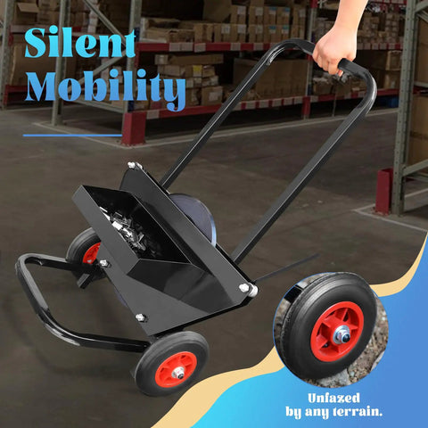 Hand cart with black frame and red wheels for transporting Beefy Bluing Steel Strapping Coil 3/4 Inch Wide 0.020 Inch Thick 2150 Feet