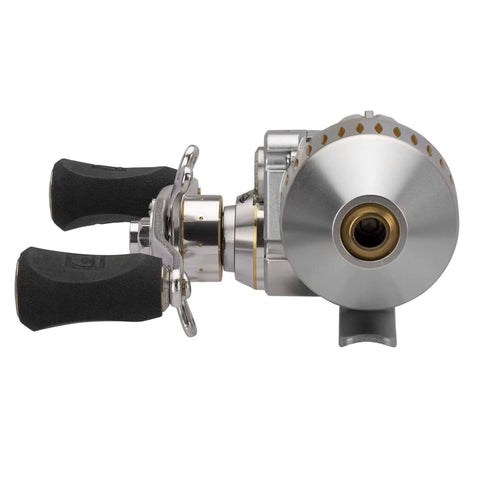 Front view of Sniper Spincast Reel With 6.2 To 1 Gear Ratio, 25 IPT Quick Retrieve, showing aluminum handle with EVA grip, silver and gold finish