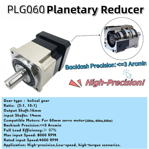 Front view of PLG60 planetary gearbox reducer with 14mm input shaft and 16mm output shaft
