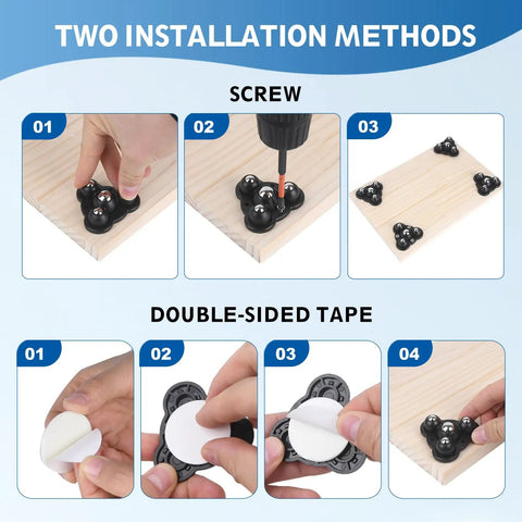 Self Adhesive Mini Swivel Caster Wheels For Furniture installation guide showing screw and double-sided tape methods.