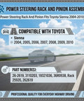 Infographic detailing compatibility and part numbers for Power Steering Rack And Pinion Assembly For 2004 2010 Toyota Sienna 3.3L 3.5L V6 Direct Fit Replacement Steering Gear Replaces 26-2619 4425008030 Oem-Grade