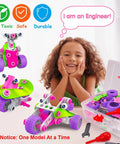 Child with curly hair playing with pink kid friendly education building set for girls ages 4 to 10 with 14 ways to play build cars.