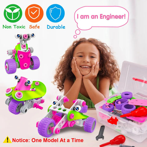 Child with curly hair playing with pink kid friendly education building set for girls ages 4 to 10 with 14 ways to play build cars.