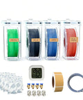 Filament Storage Box 4 Pack 4.0L Waterproof Dust Proof Container For 3D Printing Filament With Desiccant And Label DIY Dry Box Upgrade Accessories Included, showing four boxes with different colored filaments, desiccants, a hygrometer, labels, and accessories.