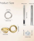 Sizes of tools and eylets from the Three Sixteenths Inch Metal Eyelets Grommets Kit With Boxed Installation Tools 600 Pieces In 12 Colors