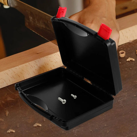 Top Tier Portable Tool Organizer Box With Sturdy Handle, Drop Guard Plastic Toolbox For Garage Mods And Vehicle Fixes, No Sweat Slick Hardware Storage Case, open black box with screws inside.