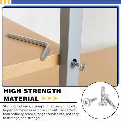Workhorse Hex Socket Self Tapping Screws 410 Stainless Steel Flat Head Number Twelve One Inch Long Bulk Pack Two Hundred Pieces For Sheet Metal Wood And Plastic Quick Fix installed in wood with tool.