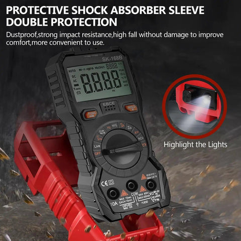 Digital Multimeter Tester Workhorse with TRMS 4000 Counts showing protective shock absorber sleeve feature.